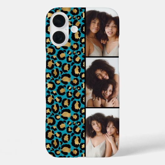 3枚の写真入りターコイズ＆ゴールドのヒョウ柄 Case-Mate iPhoneケース (裏面)