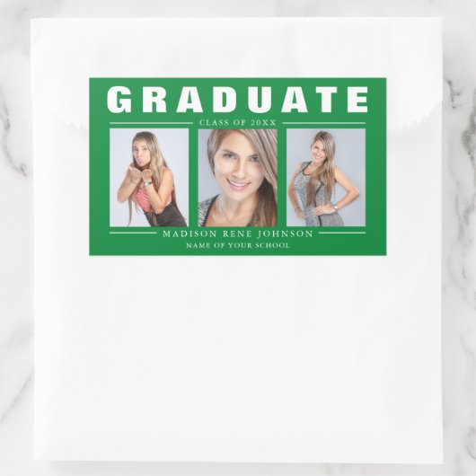 3枚の写真卒業コラージンググリーンホワイト 長方形シール (バッグ)