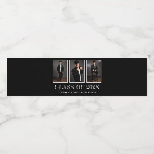 3枚の写真卒業モダンおめでとうブラック ペットボトルラベル (シングルラベル)
