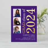 3枚の写真卒業2025紫の金ゴールド実在 箔招待状 (立ち正面)