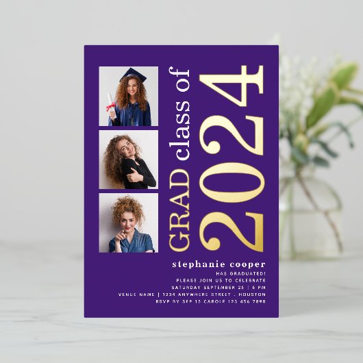 3枚の写真卒業2025紫の金ゴールド実在 箔招待状 (立ち正面)