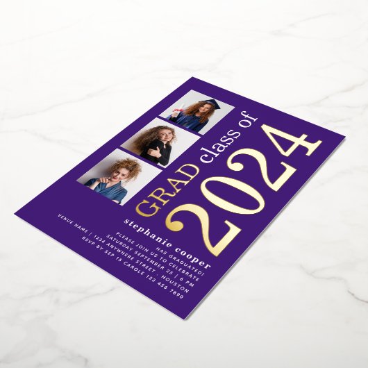 3枚の写真卒業2025紫の金ゴールド実在 箔招待状 (回転した状態)