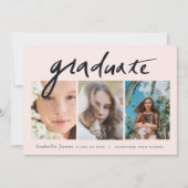 3枚の写真手書きのスクリプトピンクの卒業表 招待状 (正面)