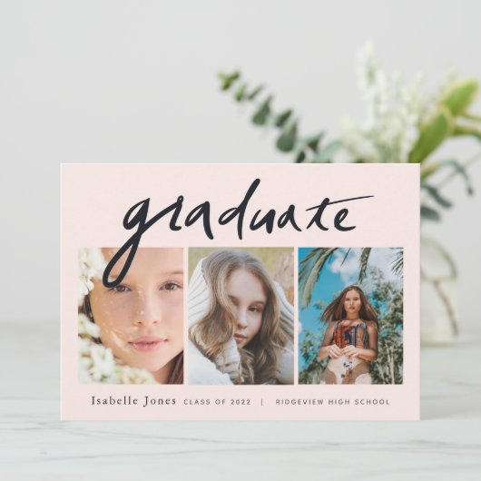 3枚の写真手書きのスクリプトピンクの卒業表 招待状 (スタンド正面)