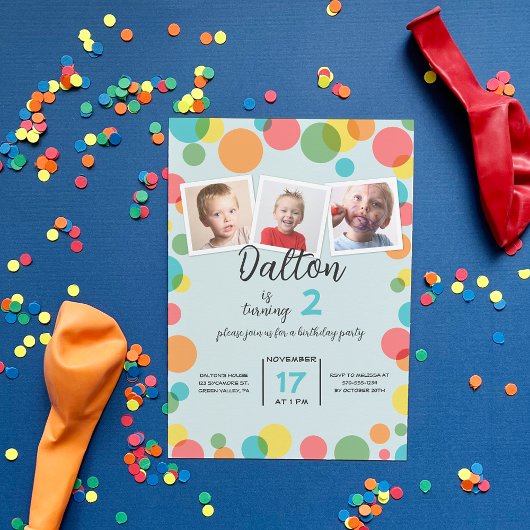 3枚の写真水玉模様任意の年齢誕生日 招待状