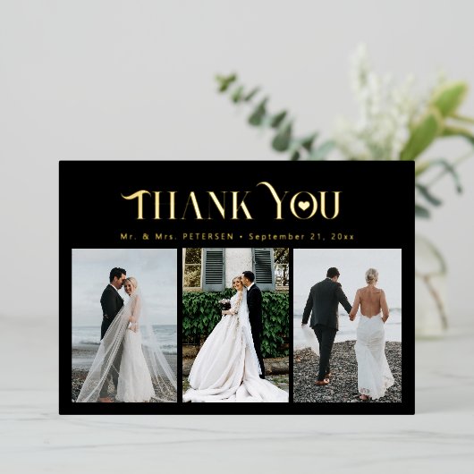 3枚の写真結婚金ゴールドフォイルエレガントカード 箔招待状 (立ち正面)