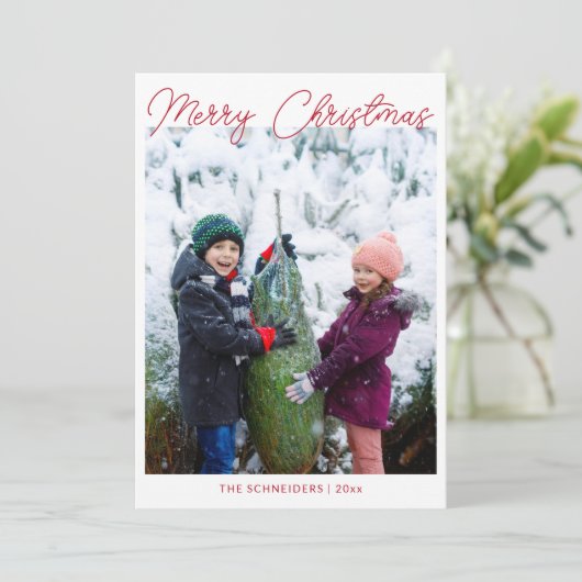 3枚の写真縦赤スクリプトメリークリスマス シーズンカード (スタンド正面)