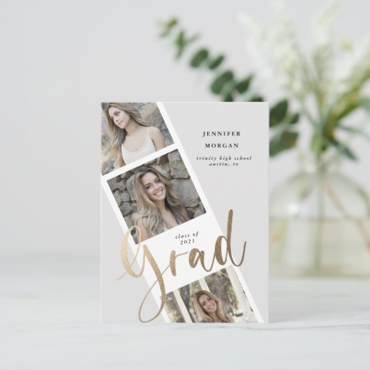 3枚の写真金ゴールドの卒業写真の発表 ポストカード (スタンド正面)