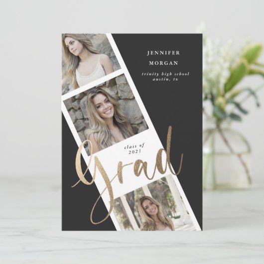 3枚の写真金ゴールドの卒業写真の発表 招待状 (スタンド正面)