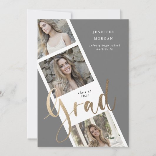 3枚の写真金ゴールドの卒業写真の発表 招待状 (正面)