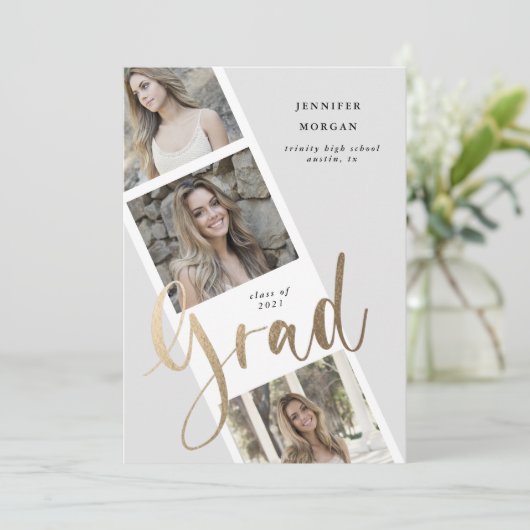 3枚の写真金ゴールドの卒業写真の発表 招待状 (スタンド正面)