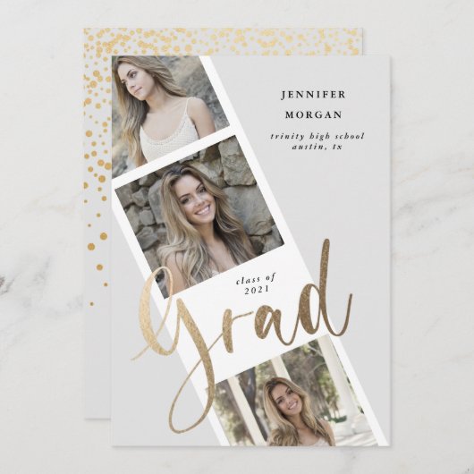 3枚の写真金ゴールドの卒業写真の発表 招待状 (正面/裏面)