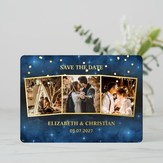 3枚の写真銀河系オーバーレイ日付フォイルInvを保存 箔招待状 (立ち正面)