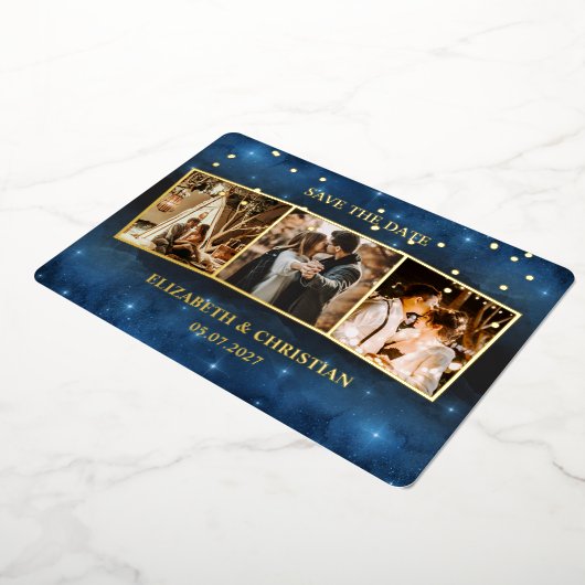 3枚の写真銀河系オーバーレイ日付フォイルInvを保存 箔招待状 (回転した状態)