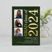 3枚の写真2025年卒業グリーン実在金ゴールド 箔招待状 (立ち正面)