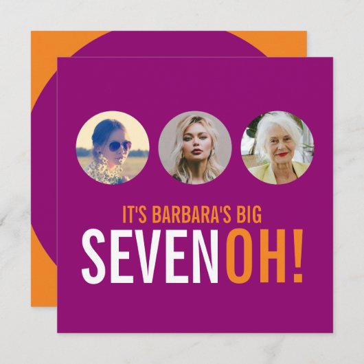 3枚の写真70th SEVANOH!写真の誕生日招待状 招待状 (正面/裏面)