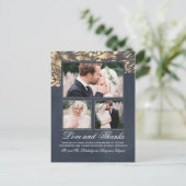 3枚の写真 ゴールドとネイビーの結婚式 お礼 ポストカード (スタンド正面)