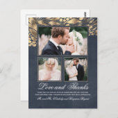 3枚の写真 ゴールドとネイビーの結婚式 お礼 ポストカード (正面/裏面)