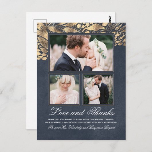 3枚の写真 ゴールドとネイビーの結婚式 お礼 ポストカード (正面/裏面)