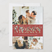 3枚の写真 ゴールド グリーン 花 紅の楽しいクリスマス シーズンカード (正面)