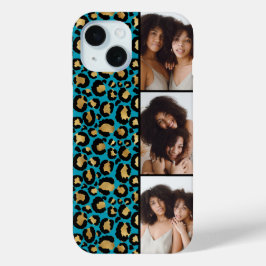 3枚の写真 ティール＆ゴールド ヒョウ柄プリント iPhone 15ケース