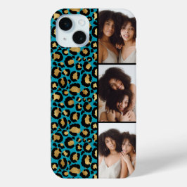 3枚の写真 ティール＆ゴールド ヒョウ柄プリント iPhone 15 MINIケース