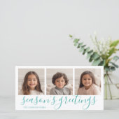 3枚の写真 – ティール(緑がかった色)書道プレイドシーズングリーティング シーズンカード (スタンド正面)