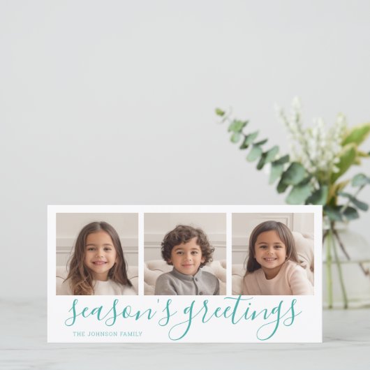 3枚の写真 – ティール(緑がかった色)書道プレイドシーズングリーティング シーズンカード (スタンド正面)