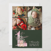 3枚の写真 ピンクとグリーンの赤ちゃんの最初のクリスマス シーズンカード (正面)