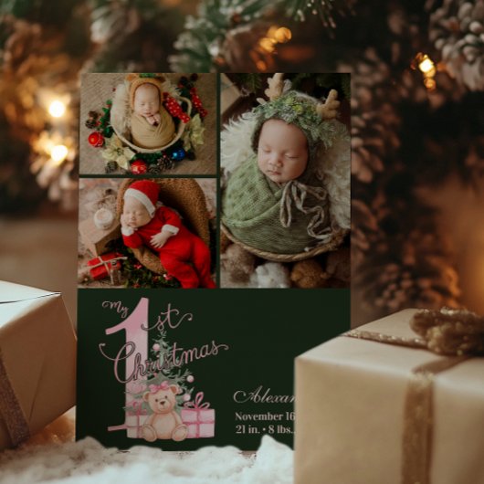3枚の写真 ピンクとグリーンの赤ちゃんの最初のクリスマス シーズンカード