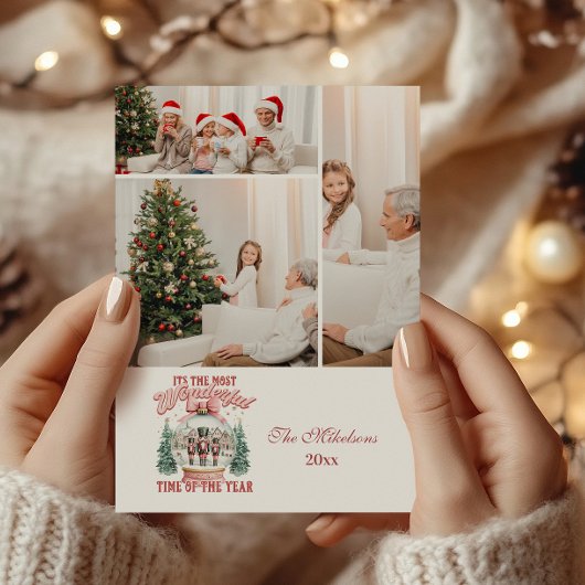 3枚の写真 ピンクのくるみ割り人形 クリスマスのウィンダーランド スノーグローブ シーズンカード