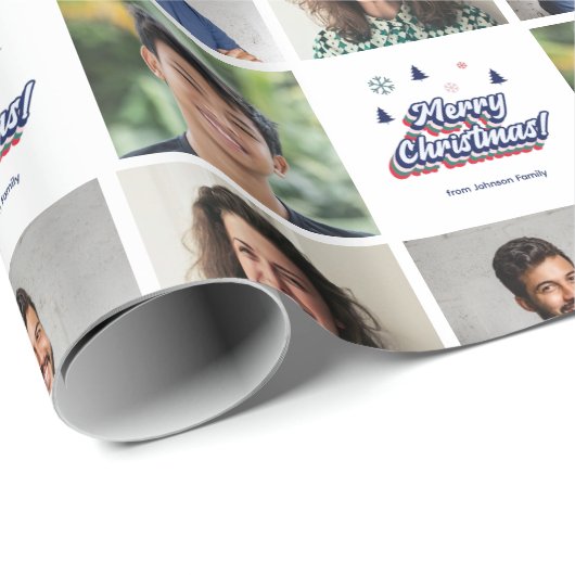 3枚の写真 ファミリー コラージュ レトロ クリスマス タイポグラフィ ラッピングペーパー (ロールコーナー)