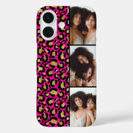 3枚の写真 ホットピンク＆ゴールド レオパードプリント iPhone 16ケース