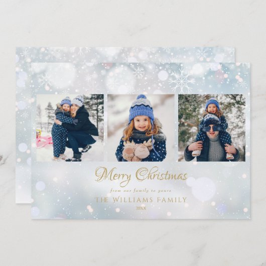 3枚の写真、メリークリスマス脚本、冬の霜 シーズンカード (正面/裏面)