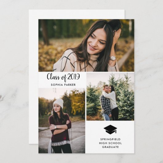 3枚の写真| モダンタイポグラフィ卒業パーティー 招待状 (正面/裏面)