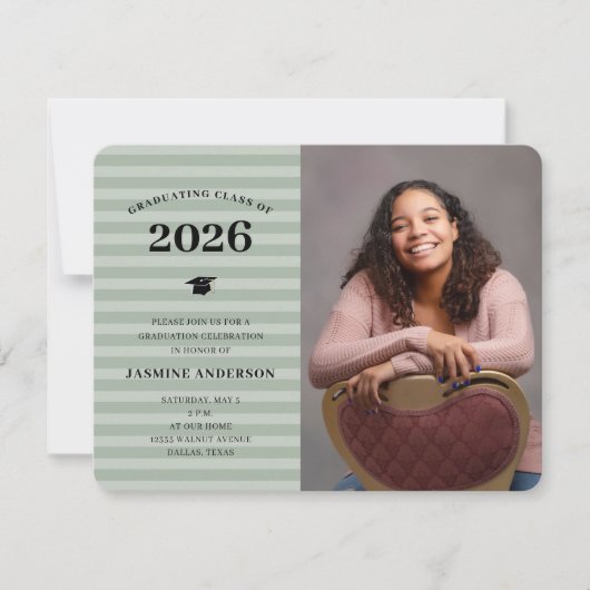 3枚の写真 現代のサージ色のストライプ 卒業パーティー 招待状 (正面)