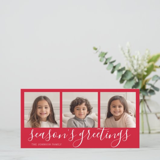 3枚の写真 – 赤い書道格子模様シーズングリーティング シーズンカード (スタンド正面)