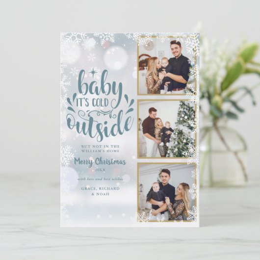 3枚の写真 赤ちゃん 外は寒いよ 雪の結晶 シーズンカード (スタンド正面)