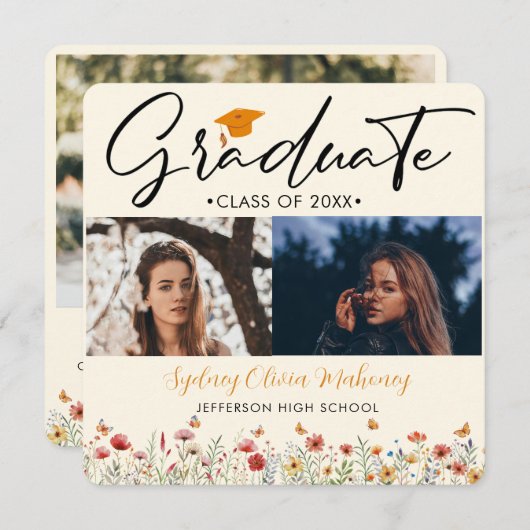 3枚の写真Boho水彩野草卒業 案内状 (正面/裏面)