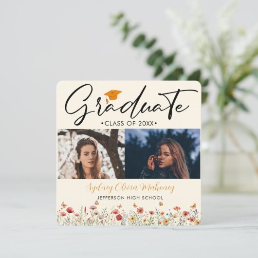 3枚の写真Boho水彩野草卒業 案内状 (スタンド正面)