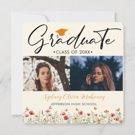 3枚の写真Boho水彩野草卒業 案内状 (正面)