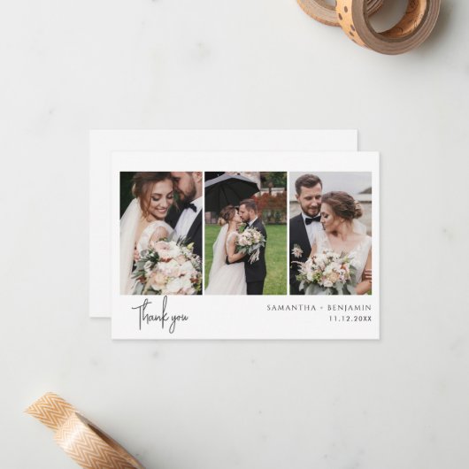 3枚の写真Cursive Script 結婚's Thank You ノートカード (正面/裏面インサイチュ)