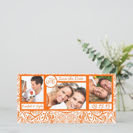 3枚の写真Love Birds Orange Damask日付を保存 セーブザデート (スタンド正面)