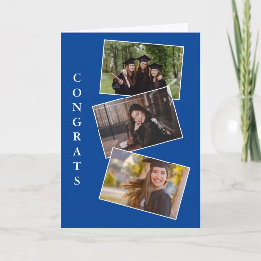 3枚の卒業写真おめでとうブルーカード カード (正面)