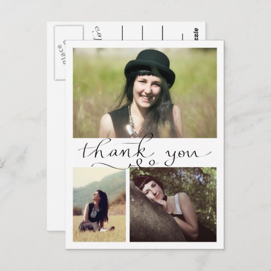 3枚の卒業写真を手書きありがとう ポストカード (正面/裏面)