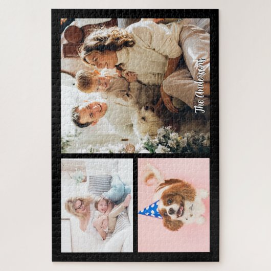 3枚の家族の写真とスクリプト名を黒で表示 ジグソーパズル (縦)