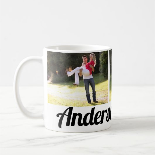 3枚の家族の写真と家族の名前の写真コラージュ コーヒーマグカップ (左)