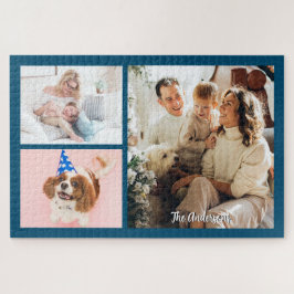 3枚の家族の写真と海ブルーのスクリプト名 ジグソーパズル