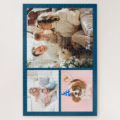 3枚の家族の写真と海ブルーのスクリプト名 ジグソーパズル (縦)