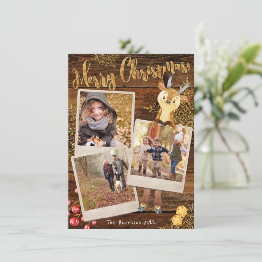 3枚の素朴写真コラージュのクリパーソナライズされたスマス シーズンカード (スタンド正面)